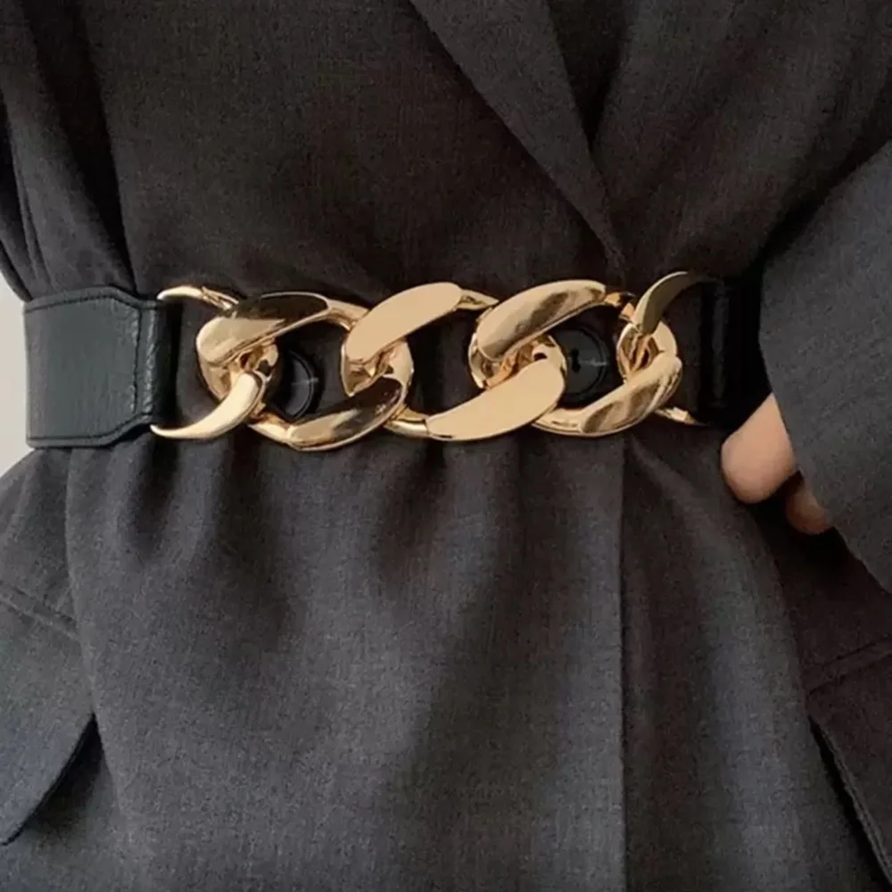 Luxe Black and Gold Vegan Leather Chain Snap Button Belt